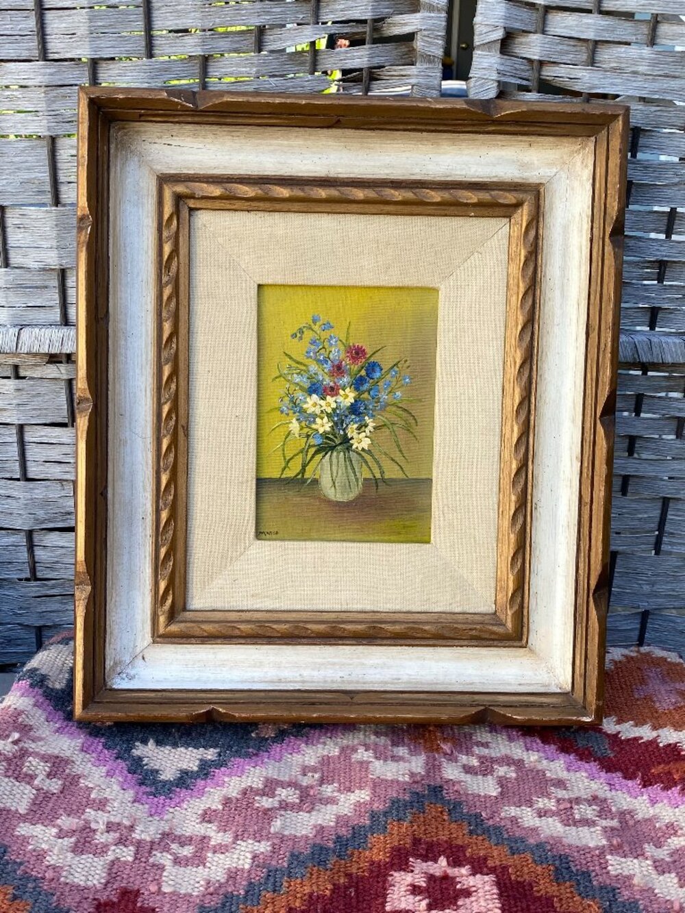 Vintage Still Life Original Painting Flowers Bouquet Impasto Chunky Wood Frame